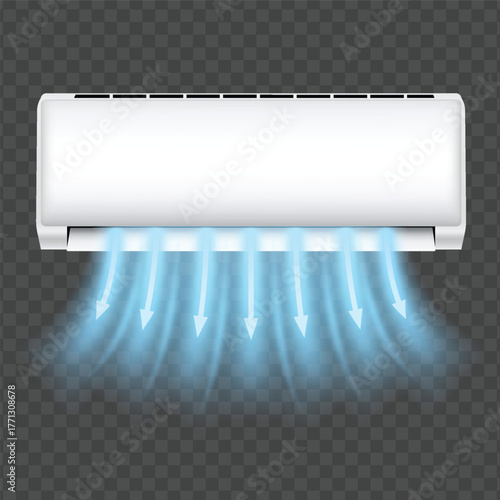 Cold fresh air flow stream with blue arrows from an air conditioner, vector electronic appliance with climate control