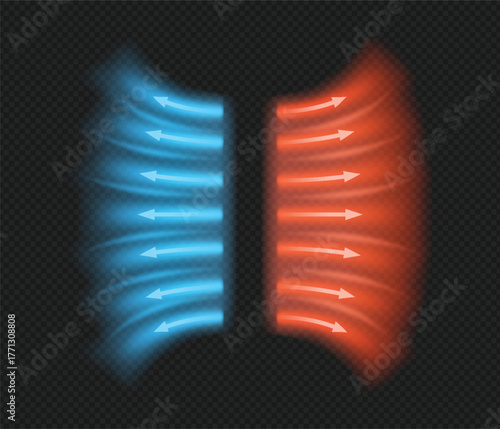 Air flow directed in opposite directions, vector red and blue arrows showing wind of air movement, cold and hot streams
