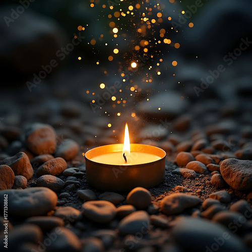 Small Candle Burning Brightly on Rocky Ground with Golden Sparks Creating a Magical and Ethereal Atmosphere