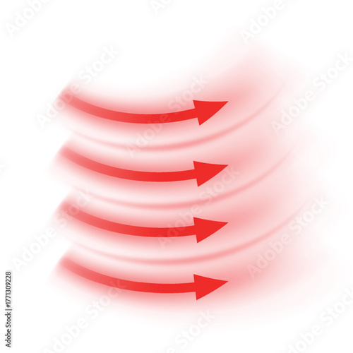 Air flow, wave red arrows showing wind direction of air movement, vector curve hot stream visualizing from an air heater