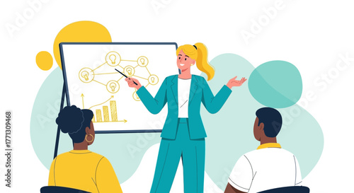 Businesswoman Leads Presentation Explaining Strategy To Colleagues In A Meeting Room