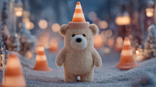 Funny surreal teddy bear wear road safety cone construction concept, mock-up with childhood toy design playful concept nostalgic memory soft plush, generated ai