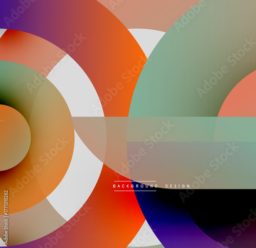Abstract colorful design features overlapping circles, rectangles. Gradient hues create modern visual impact. Smooth transitions define composition.