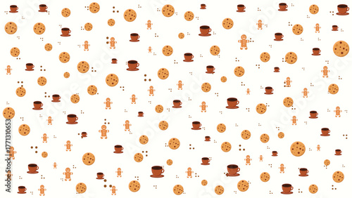 Flat Cute Gingerbread Cookies and Hot Cocoa Seamless Pattern with Warm Brown Tones on Soft Cream Background for Christmas Food Packaging and Cozy Winter Wallpaper Design