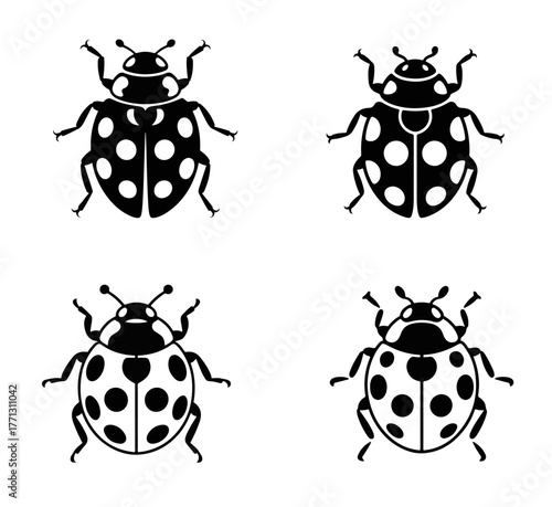 A stylized collection of four ladybug icons in black and white. This vector set features various ladybird beetle symbols, perfect for logos or graphic design elements