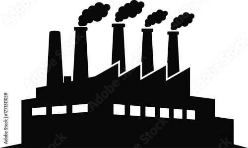 Silhouette of a factory with smoking chimneys against a white background