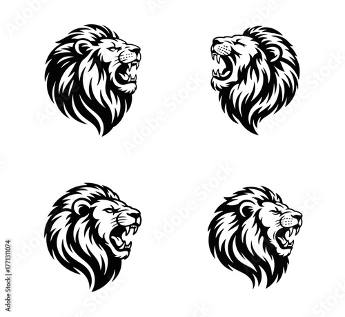 Majestic Roaring Lion Head Vector Set Powerful Wildlife Icons for Graphic Design and Branding
