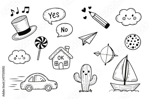Cute Doodle Elements Set Whimsical Hand-Drawn Icons for Creative Projects & Designs