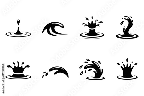 Collection of stylized water splash and ripple icons, showcasing dynamic liquid movement and droplet formations for design elements