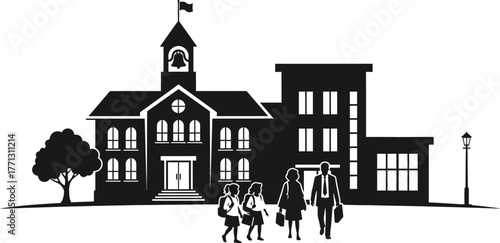 Family walking to school building with bell tower in black and white vector art