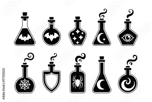 Assorted Spooky Potions Black Silhouettes for Halloween, Magic or Spells - Vector Set