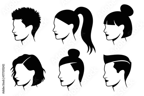 Diverse Hairstyle Collection Minimalist Head Silhouettes with Ponytail, Bun, Bob Cut in Black and White