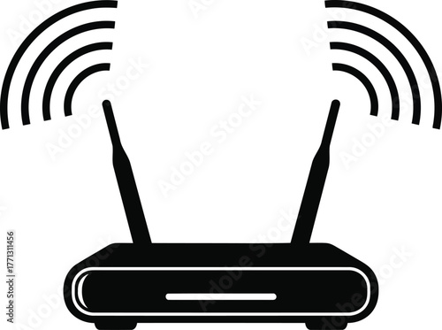 Black wireless router with two antennas and signal waves