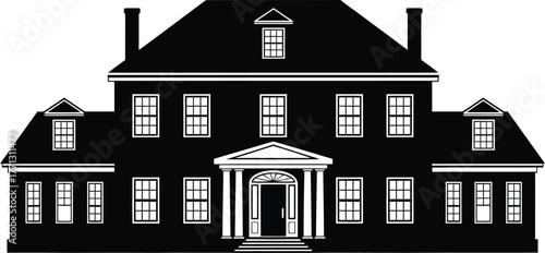 Elegant black and white silhouette of a classic colonial style house design