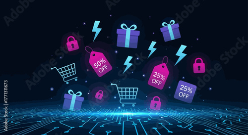 Tech Circuit Cyber Monday Flat Vector Background with Floating Icons