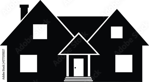 Simple black and white house illustration with chimney and front door design