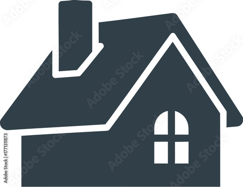 Simple dark blue house icon with chimney and window on a plain white background