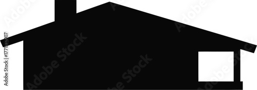 Simple black silhouette of a house with a chimney and window on a white background