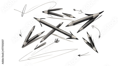 Abstract arrangement of sharp metallic objects against a dark background