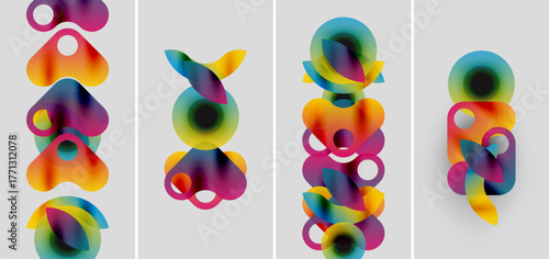 Abstract colorful shapes overlap, creating vibrant vertical compositions. Soft gradients suggest light, movement, depth. Minimalist background enhances visual impact.