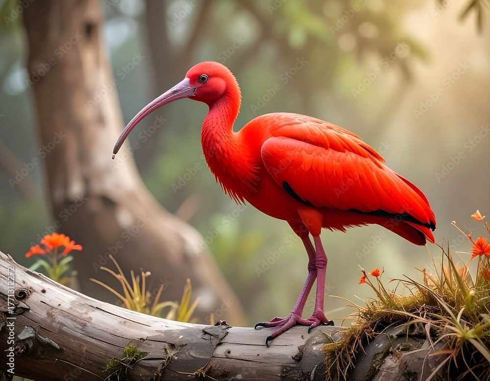 Naklejka premium Vibrant scarlet ibis perched on a tree trunk, sunlit tropical scene