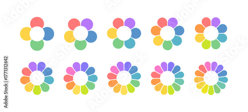 Flower petal diagram. Circle division infographic icon. Flower with leaves color shape icon. Infographic circle diagram. Pie chart. Round wheel chart. Vector illustration isolated on white background.