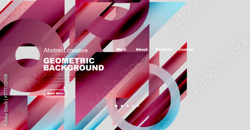 Abstract website mockup displays geometric shapes, vibrant colors. Navigation includes work, about, portfolio, contact sections. Read more button visible.