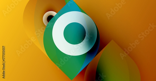 Abstract design features vibrant colors, flowing shapes. Central white circle draws focus amid orange, green, teal hues. Modern, dynamic composition.