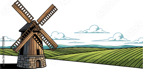 Rustic wooden windmill with stone base stands in a green field under a bright sky, conveying serene agricultural landscape and traditional charm