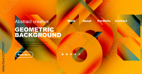 Vibrant geometric background features orange, red hues. Text overlays promote work, portfolio, contact options. Modern design elements present abstract creativity.