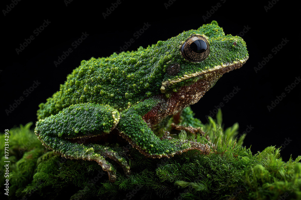 Fototapeta premium Green mossy tree frog sits calmly on vibrant green moss, amphibian watching patiently