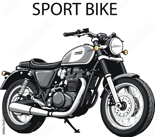 Detailed black and white sport bike motorcycle illustration with bold text isolated on white background