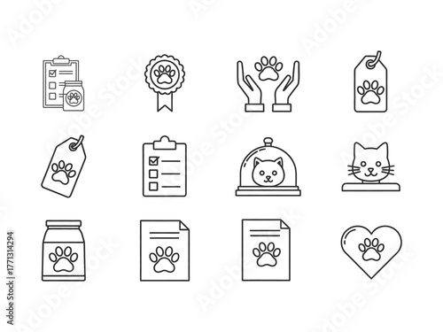 Collection of hand drawn outline icons representing pet care veterinary services and animal welfare concepts
