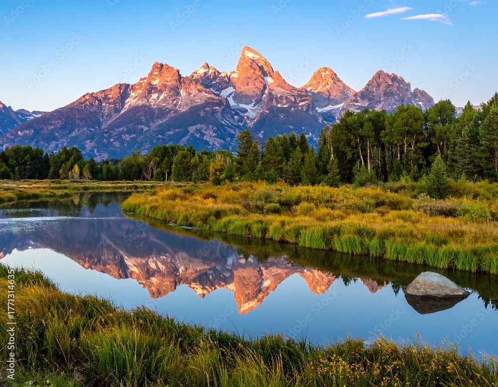 Obraz premium Majestic peaks reflect in a serene river at sunrise