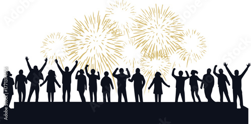 A silhouette of a crowd with raised hands enjoying a golden fireworks celebration
