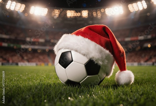 A soccer ball wearing a red Christmas hat placed on a vibrant green field, surrounded by glowing festive lights
