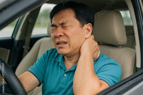 Man sitting in car experiencing sudden neck pain and discomfort after accident, showing expression of agony and whiplash symptoms in vehicle interior. Ai generative
