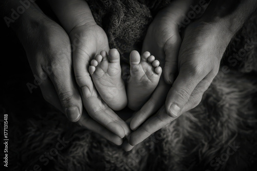 Newborn baby feet cradled gently by parent hands, expressing love and protection