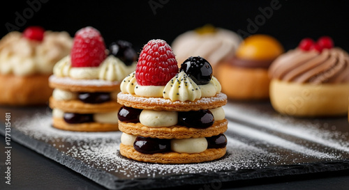 Indulge in a decadent treat: Exquisite pastries with fresh berries and creamy fillings, perfect for dessert menus, bakery promotions, and sweet moments