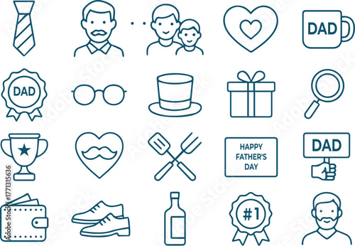 Line art illustration of fathers day elements isolated on white background, showcasing the love and appreciation for fathers and father figures