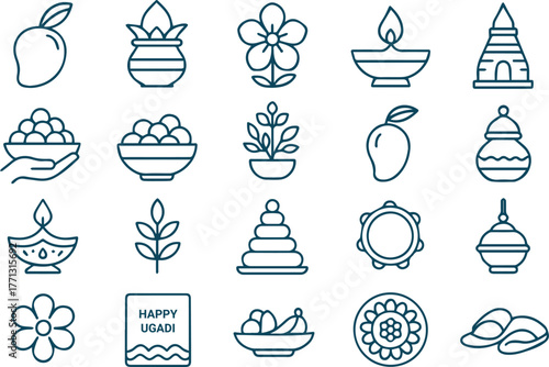 Line art illustration of ugadi festival elements isolated on white background, showcasing the cultural richness and traditions of the celebration