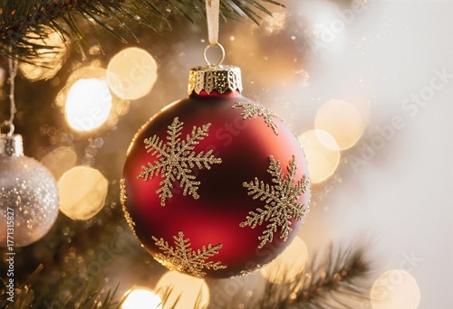 A stunning red Christmas ornament adorned with glittering gold snowflakes