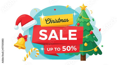 Christmas sale banner with christmas tree, santa hat, bell, and candy cane festive design for holiday season promotion and discount offers