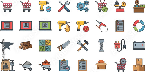 Vector icons set construction tools and business elements flat design