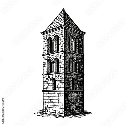 Medieval bell tower illustration in etched style in black and white