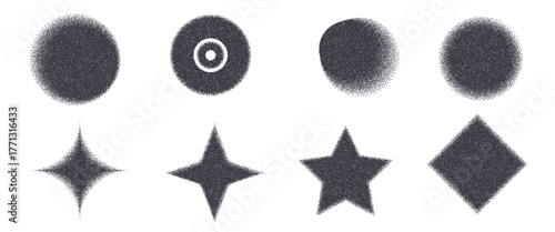 Grain gradient geometric shape set. Y2k noise circle with stars forms. Monochrome round and spark icons on white background. Trendy effect textured figures. Vector gritty illustration.