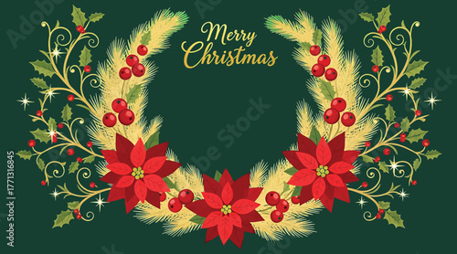 Elegant merry christmas wreath with poinsettia flowers, berries, and golden foliage on a dark green background festive design for holiday greetings, invitations, and decorations