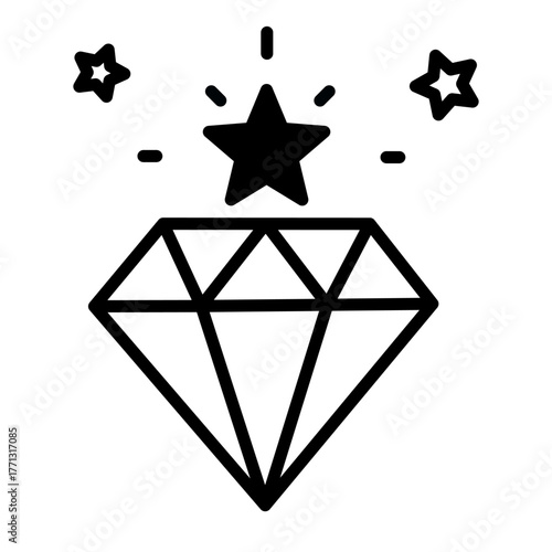 Diamond icon vector with shining stars symbolizing premium value, quality, and reward, manually traced for strong filled black style and precise geometric shape.