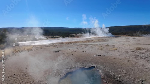 Slow Motion Steamy Upper Geyser Basin with Old Faithful Lodge