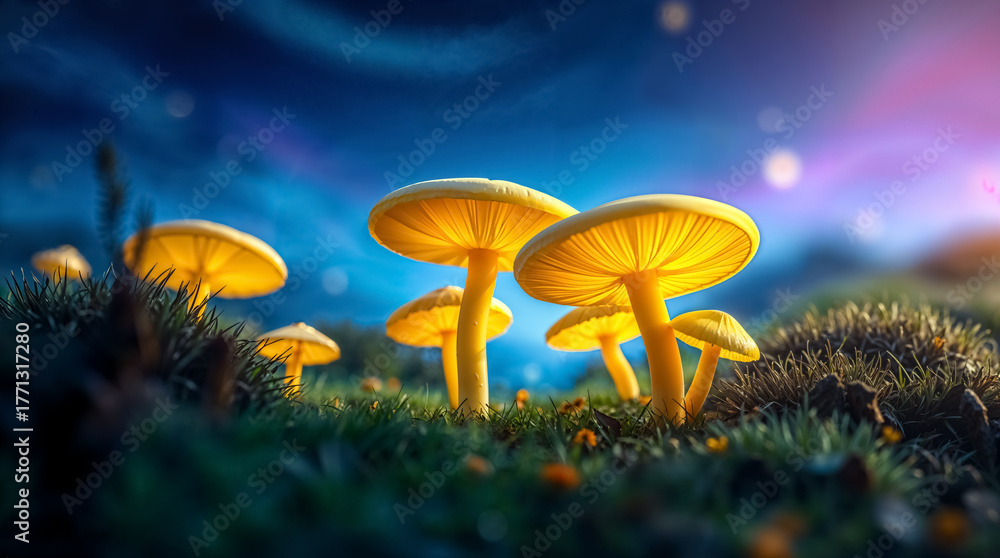 Fototapeta premium Vibrant Yellow Mushrooms Against Twilight Sky with Dreamy Bokeh and Lush Green Moss 